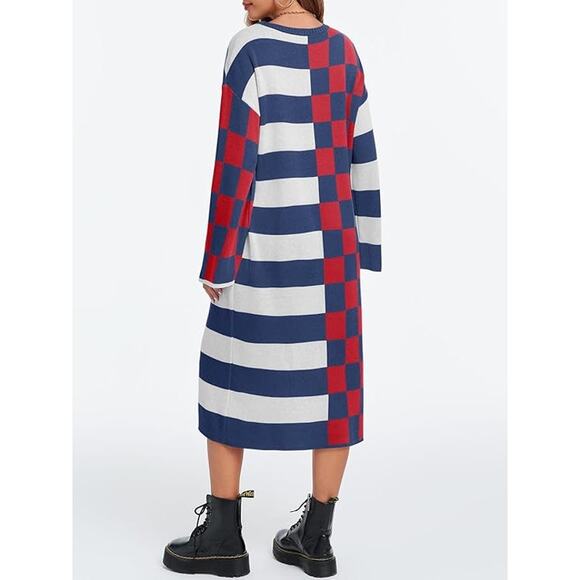 New Small Long Sleeve Crew Neck Striped Checkered Midi Sweater Dress - Picture 2 of 3